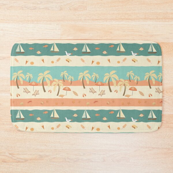 Item preview, Retro Beach with Palms Loungers Umbrellas Seashells Fish Pattern designed and sold by UnhingedBird.