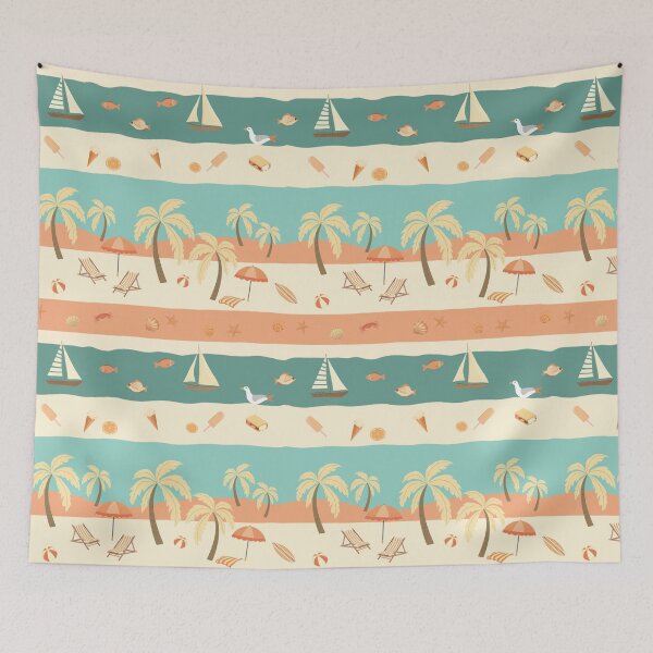 Item preview, Retro Beach with Palms Loungers Umbrellas Seashells Fish Pattern designed and sold by UnhingedBird.