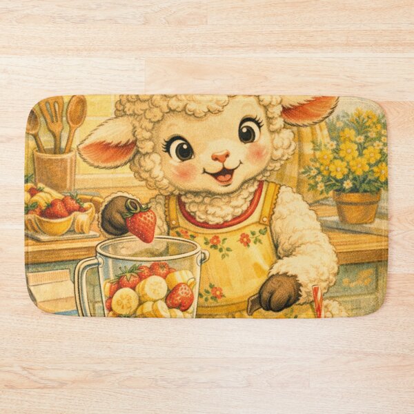 Item preview, A little sheep makes a strawberry smoothie in the kitchen. designed and sold by Mauswohn.
