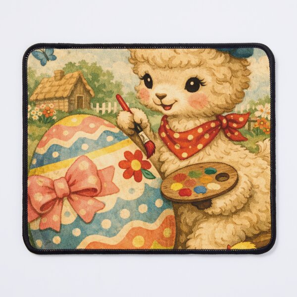 Item preview, Easter lamb paints colorful Easter egg in vintage style designed and sold by Mauswohn.