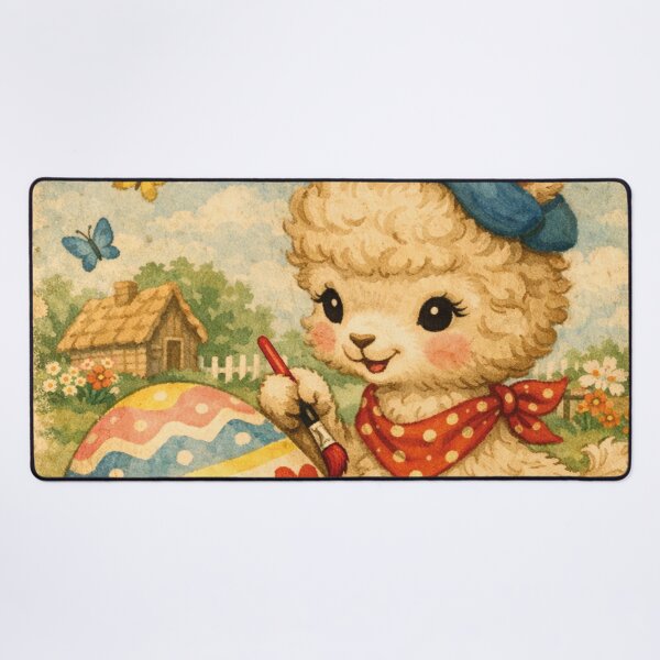 Item preview, Easter lamb paints colorful Easter egg in vintage style designed and sold by Mauswohn.