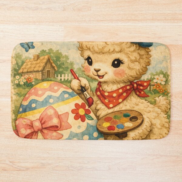 Item preview, Easter lamb paints colorful Easter egg in vintage style designed and sold by Mauswohn.
