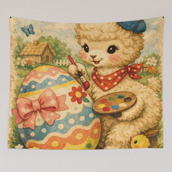 Item preview, Easter lamb paints colorful Easter egg in vintage style designed and sold by Mauswohn.
