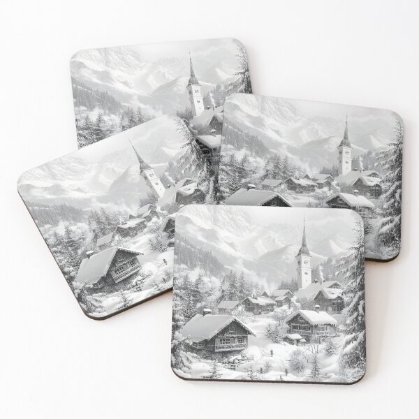 Item preview, Serene Black and White Alpine Village Illustration designed and sold by SyberGen.