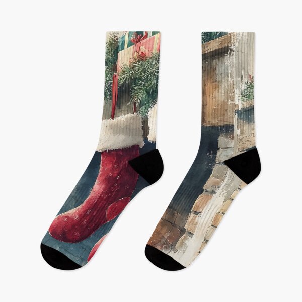 Item preview, Watercolor Christmas Red Socks by the Fireplace designed and sold by SyberGen.