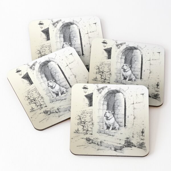 Item preview, A dignified Bulldog sitting by an old stone doorway, Dogs in Motion designed and sold by CDC40.