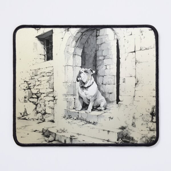 Item preview, A dignified Bulldog sitting by an old stone doorway, Dogs in Motion designed and sold by CDC40.