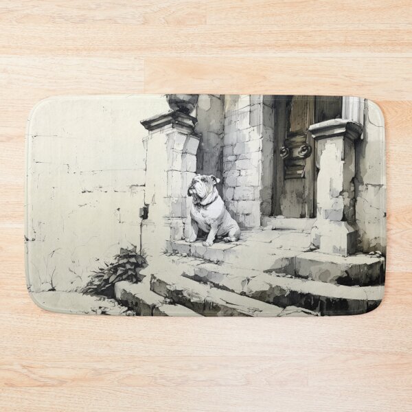 Item preview, A dignified Bulldog sitting by an old stone doorway, Dogs in Motion designed and sold by CDC40.