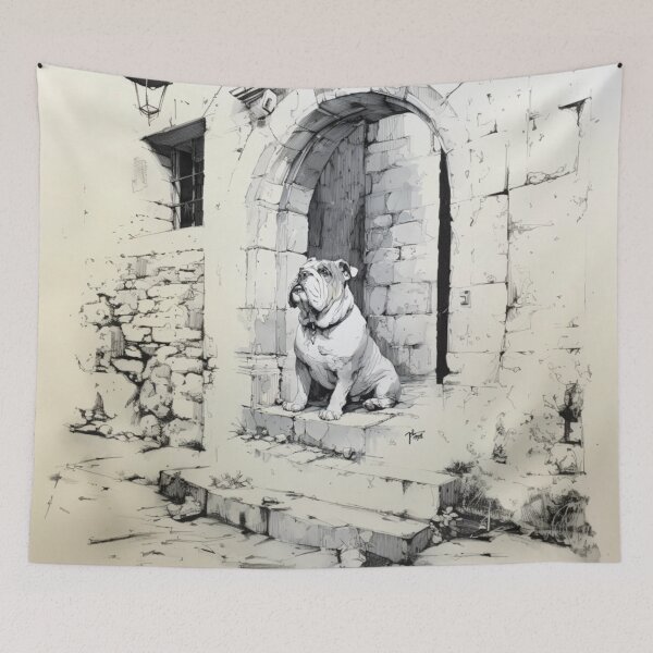 Item preview, A dignified Bulldog sitting by an old stone doorway, Dogs in Motion designed and sold by CDC40.