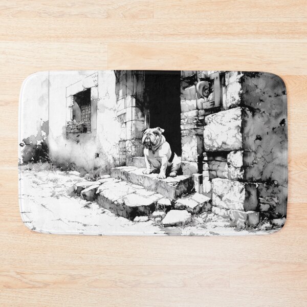 Item preview, A dignified Bulldog sitting by an old stone doorway, Dogs in Motion designed and sold by CDC40.