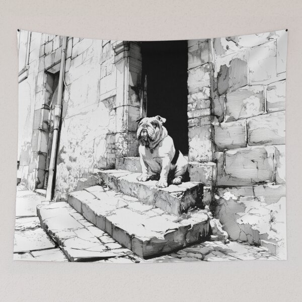 Item preview, A dignified Bulldog sitting by an old stone doorway, Dogs in Motion designed and sold by CDC40.