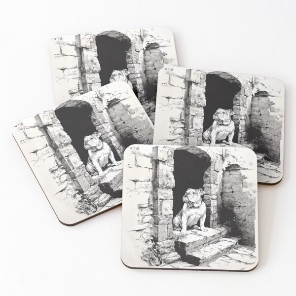 Item preview, A dignified Bulldog sitting by an old stone doorway, Dogs in Motion designed and sold by CDC40.