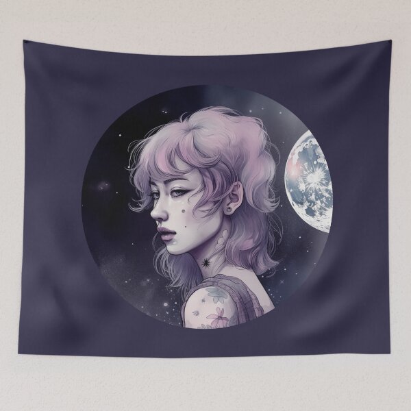 Item preview, Purple Hair Aesthetic Girl with Full Moon designed and sold by SyberGen.