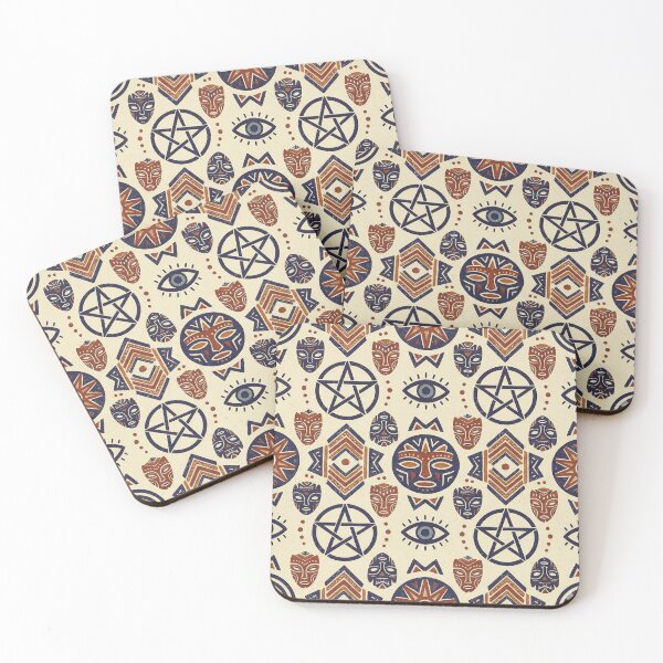 Item preview, Mystic Tribal Talisman Seamless Pattern: Evil Eye, Pentacle, and Folk Art Mask Design designed and sold by IndoPatterns.