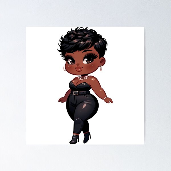 Aperçu de l'œuvre Femme noire grande taille confiante et style chibi créée et vendue par Lulunza.
