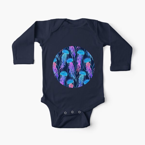 Luminescent Rainbow Jellyfish on Navy Blue Long Sleeve Baby One-Piece