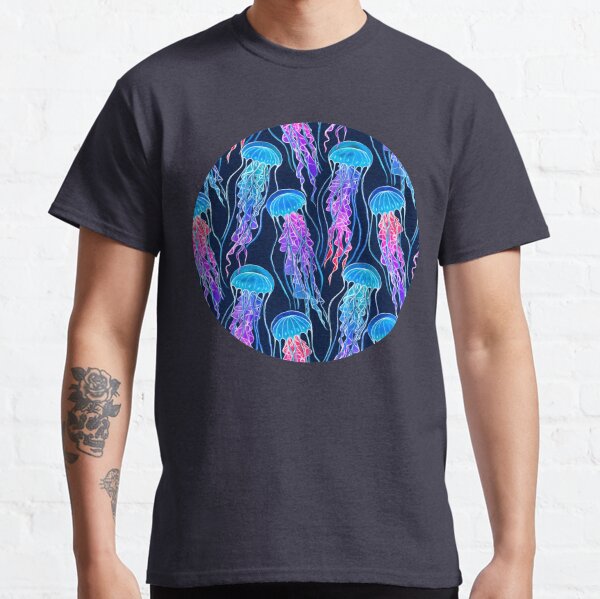 Luminescent Rainbow Jellyfish on Navy Blue Classic T-Shirt