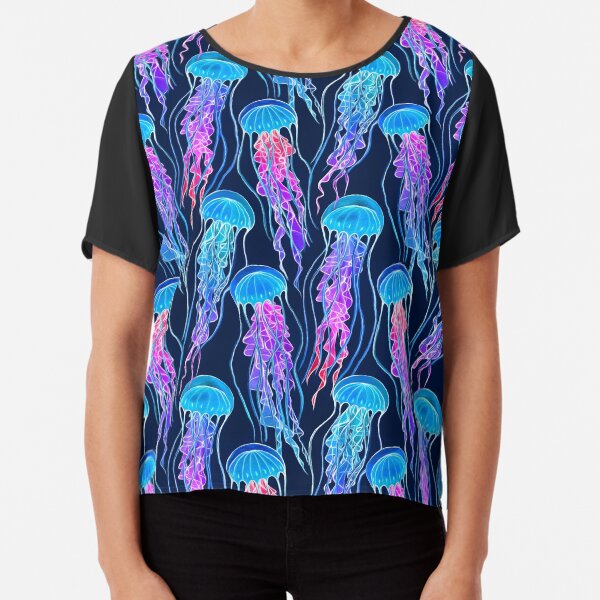 Luminescent Rainbow Jellyfish on Navy Blue Chiffon Top