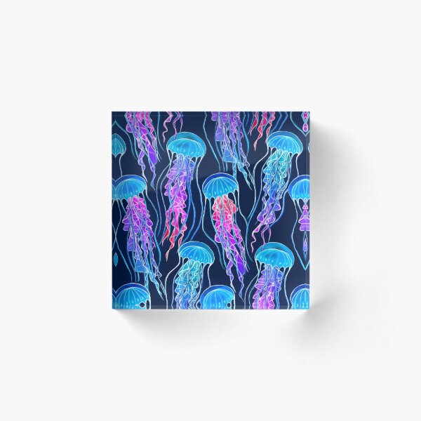 Luminescent Rainbow Jellyfish on Navy Blue Acrylic Block
