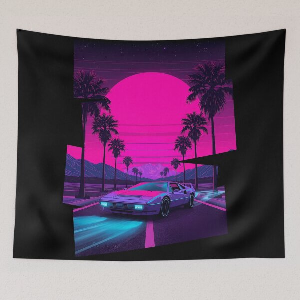 Item preview, Ferrar 80s retro-futuristic landscape with palm trees and a sports car neon colors 11 designed and sold by Neon G.