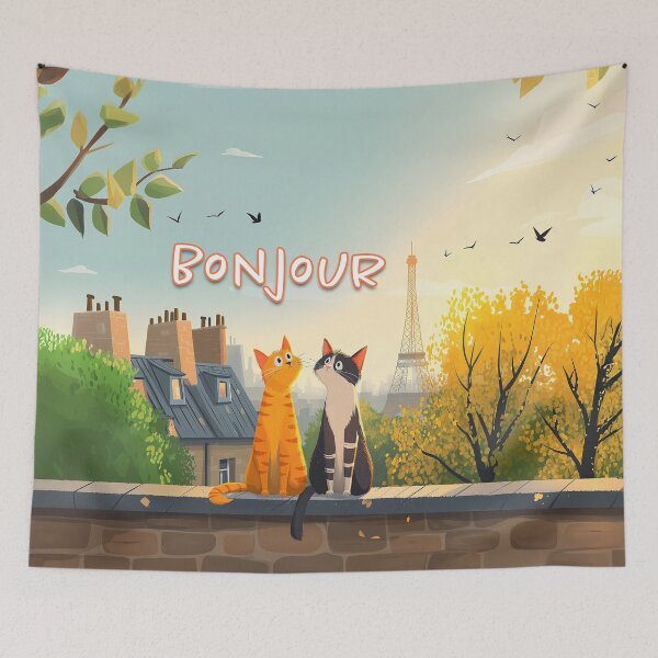 Artikelvorschau, Bonjour Katzen in Paris – Niedliche französische Katzenliebhaber-Kunst, Illustration der Pariser Skyline entworfen und verkauft von FrancophileFun.