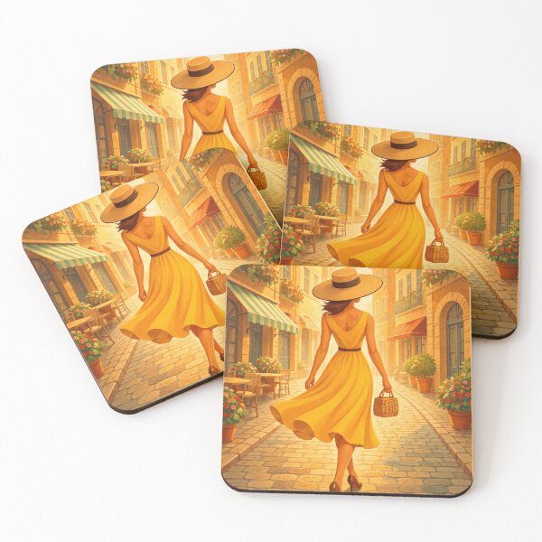 Item preview, Woman in Yellow Dress on Cobblestone Street designed and sold by MIArt Studio.