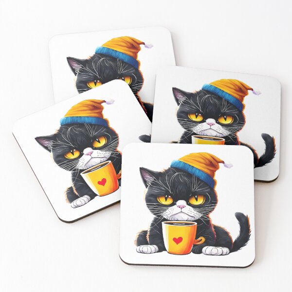 Item preview, Grumpy Black Cat Drinking Coffee - Cute Winter Beanie Art designed and sold by Latikshop.
