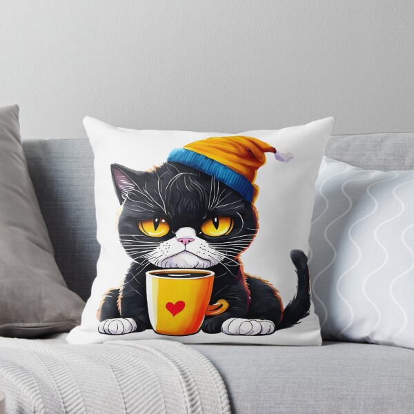 Item preview, Grumpy Black Cat Drinking Coffee - Cute Winter Beanie Art designed and sold by Latikshop.