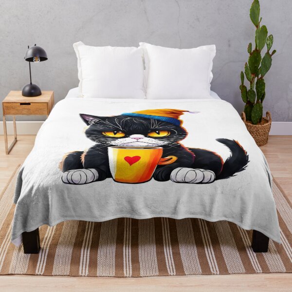 Item preview, Grumpy Black Cat Drinking Coffee - Cute Winter Beanie Art designed and sold by Latikshop.