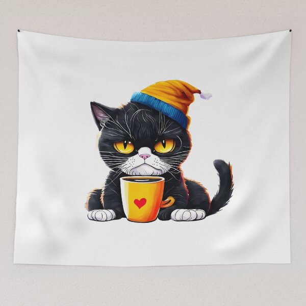 Item preview, Grumpy Black Cat Drinking Coffee - Cute Winter Beanie Art designed and sold by Latikshop.