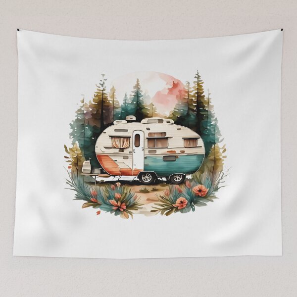 Item preview, Vintage Camper Trailer in Forest - Watercolor Retro Caravan Art designed and sold by Latikshop.