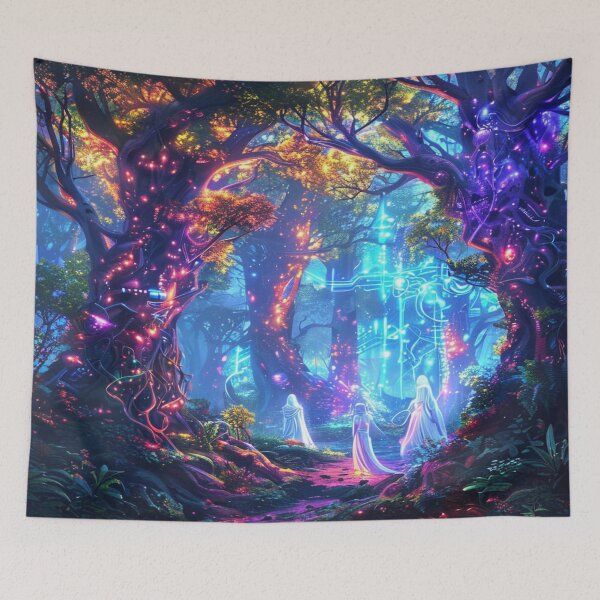 Item preview, Biolumina Path – Hooded Figures in Techno-Forest Ritual designed and sold by Cristhian Almanza.