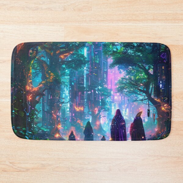 Item preview, Techno Grove – Hooded Journey Through Bioluminescent Forest City designed and sold by Cristhian Almanza.