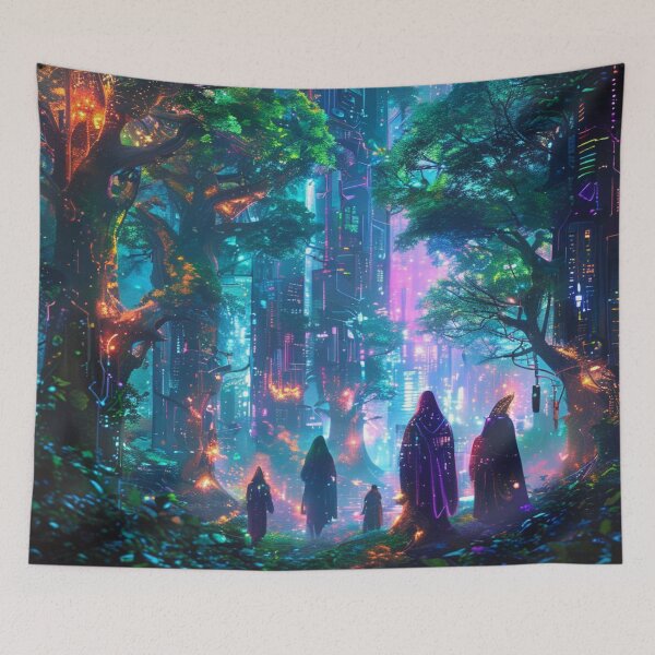Item preview, Techno Grove – Hooded Journey Through Bioluminescent Forest City designed and sold by Cristhian Almanza.