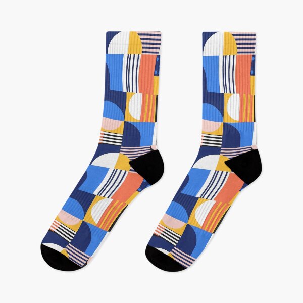 Item preview, Abstract Geometric Bauhaus Pattern in Blue Yellow Coral Retro Grid Art designed and sold by Timegraf.