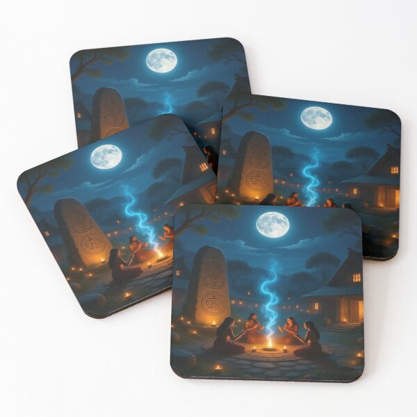 Item preview, Moonfire Ritual – Red-Robed Circle Under Glowing Spiral designed and sold by Cristhian Almanza.