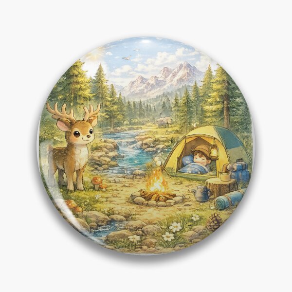Item preview, Outdoorsy – Cute Kawaii Forest Camping Scene with Deer and Mountains designed and sold by Paws-nd-Prints.