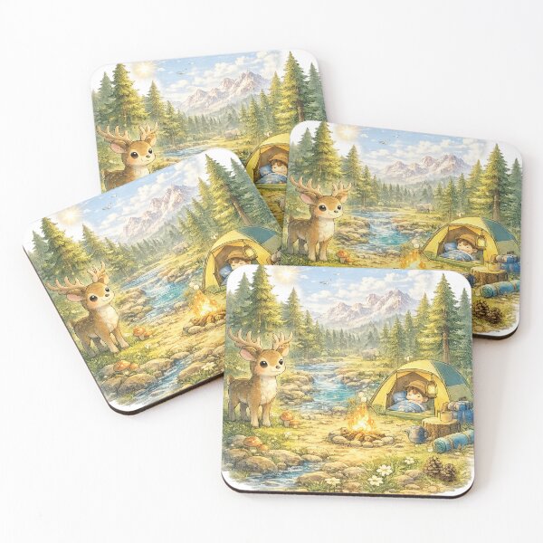 Item preview, Outdoorsy – Cute Kawaii Forest Camping Scene with Deer and Mountains designed and sold by Paws-nd-Prints.