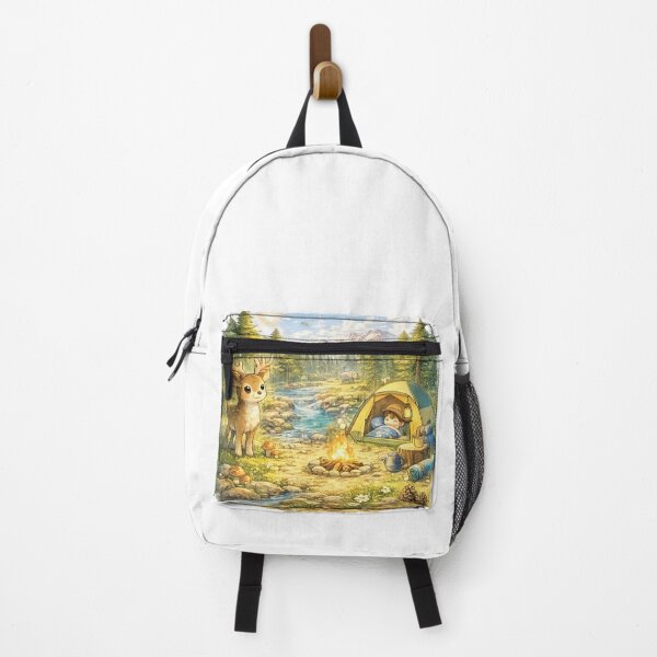 Item preview, Outdoorsy – Cute Kawaii Forest Camping Scene with Deer and Mountains designed and sold by Paws-nd-Prints.