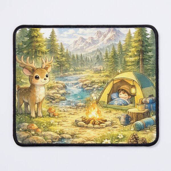Item preview, Outdoorsy – Cute Kawaii Forest Camping Scene with Deer and Mountains designed and sold by Paws-nd-Prints.