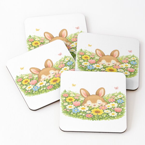 Item preview, Pretty Flowers – Cute Kawaii Bunny Peeking in a Floral Meadow designed and sold by Paws-nd-Prints.