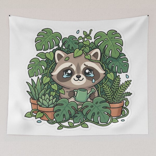 Item preview, Cute Chibi Raccoon Plant Parent Aesthetic Indoor Jungle Vines designed and sold by StickyGuys.