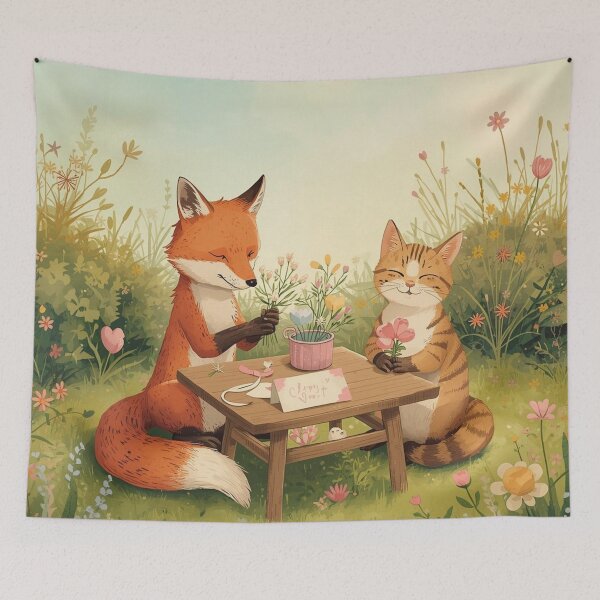 Item preview, Valentine’s Early Spring Fox & Cat • Soft Garden Love Art designed and sold by WildlifeWhimsy.