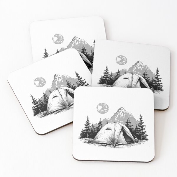 Item preview, Mountain Camping Scene Illustration | Black and White Nature Adventure Art designed and sold by inkoutninja.