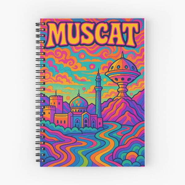 Artikelvorschau, Psychedelisches Poster von Maskat | Lebendige Kunst der omanischen Küstenstadt | Retro-Design der farbenfrohen Skyline von Maskat entworfen und verkauft von PaintedPixels01.