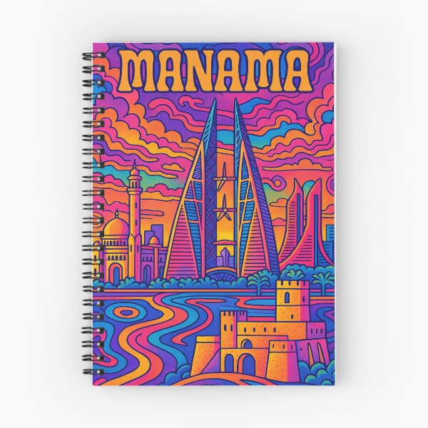 Artikelvorschau, Psychedelisches Poster von Manama | Lebendige Stadtansicht von Bahrain | Retro-Design der farbenfrohen Skyline von Manama entworfen und verkauft von PaintedPixels01.