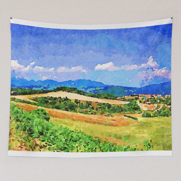 Item preview, Borrello: agricultural landscape with village, mountains and clouds designed and sold by Giuseppe Cocco.
