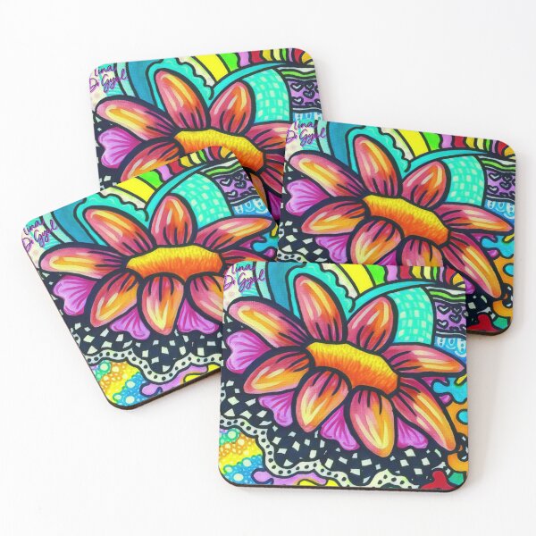 Item preview, Bright orange-pink flower on a colorful psychedelic pattern (flower power) designed and sold by Nina Di Gyal.