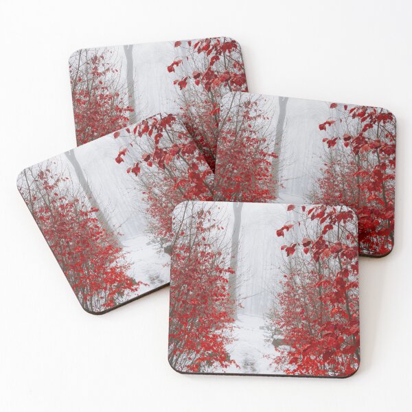 Item preview, Snowy Forest Path with Red Leaves designed and sold by Dyrk Wyst Redbubble Shop.