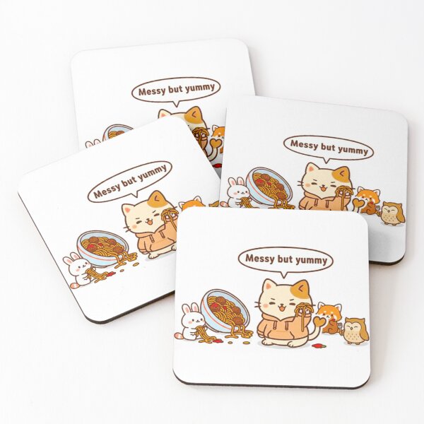 Item preview, Kawaii Cat Spaghetti Mess - Cute Animals Eating Meatballs Illustration designed and sold by MT-Hub | Art for Every Soul.